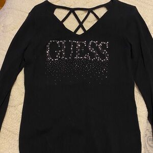 Guess Black Long Sleeve Top with Rhinestone Logo | M